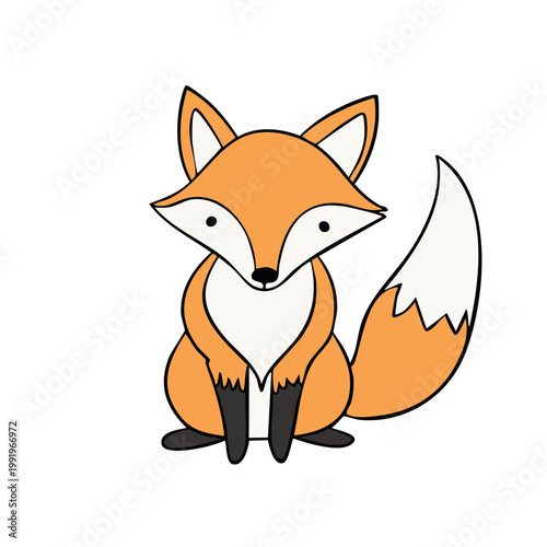 Cute cartoon fox sitting with white bushy tail and alert ears playful woodland animal illustration