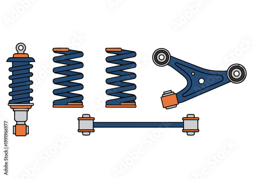 Car Suspension Parts Vector Set Shock Absorber Spring Control Arm Flat Design