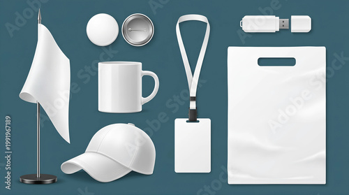 Collection of promotional merchandise and branding items including a flag, mug, cap, lanyard, badge, USB drive, and shopping bag