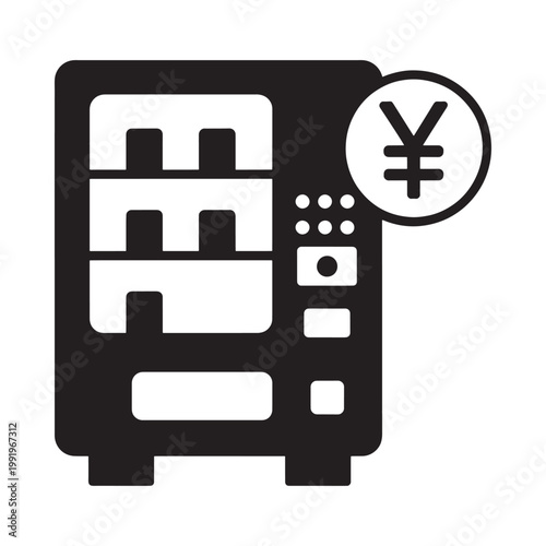 Simple black and white icon of a vending machine displaying a yen symbol