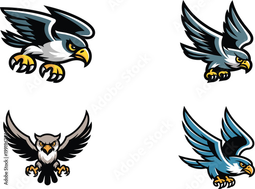 Four cartoon birds of prey and owl in flight and perched with bird of prey