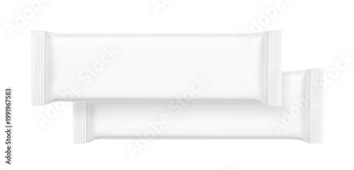 Realistic flow packaging mockup for bars, candies, waffles. Front side. Vector illustration on white background. Easy to use for presentation your product, idea, design. Scalable without lose quality.