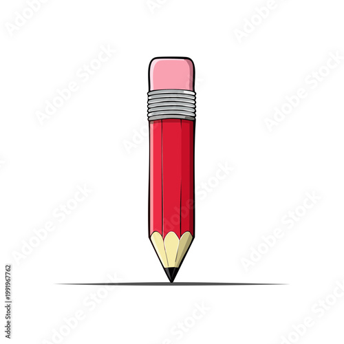 Red Sharpened Pencil With Eraser Standing Upright Drawing Line Simple Flat Design