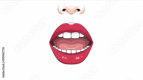 Smiling face with red lips and white teeth on transparent background PNG