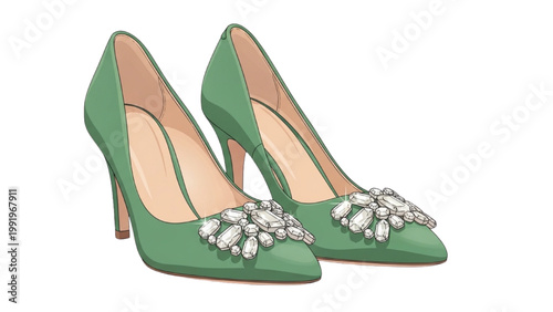 Green high-heeled shoes with gemstones on transparent background PNG