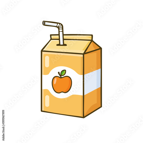 Orange juice box with apple symbol and straw on white background