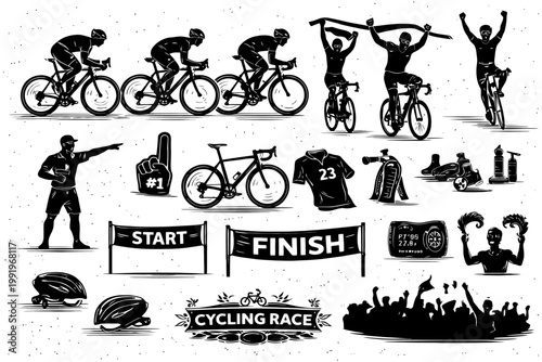 Cycling race icons: silhouettes, bicycles, finish line, helmets, trophies, crowds.
