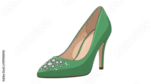 Green high heel shoe with gems on a transparent background PNG