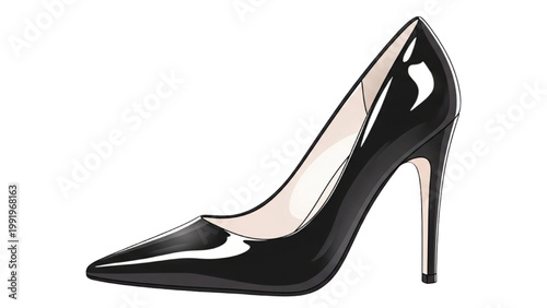 High-heeled black patent leather stiletto shoe on transparent background PNG
