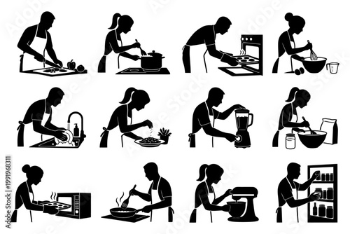 Silhouette illustrations of caucasian adults cooking and baking in various kitchen activities.