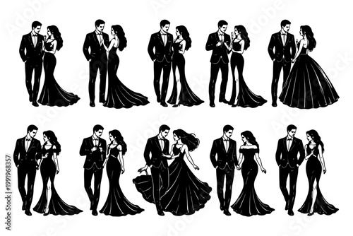 Elegant couples in formal wear silhouettes.