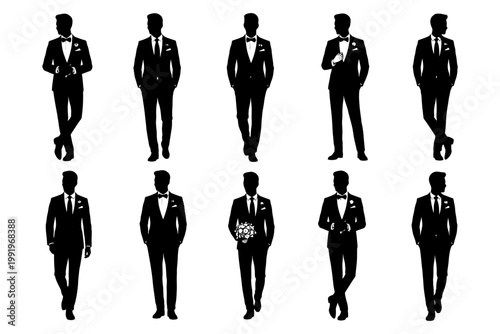 Silhouettes of young caucasian and african adult males in formal suits.