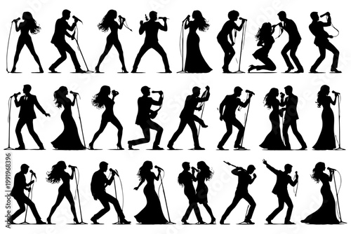 Silhouettes of diverse individuals singing and performing with microphones.