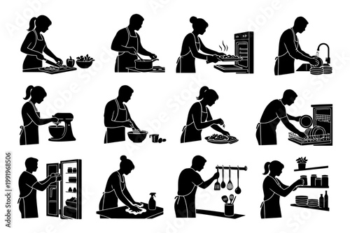 Silhouette of people cooking and cleaning in the kitchen.