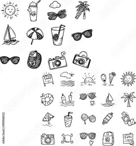 Hand drawn summer beach icons collection featuring vacation elements graphic vector