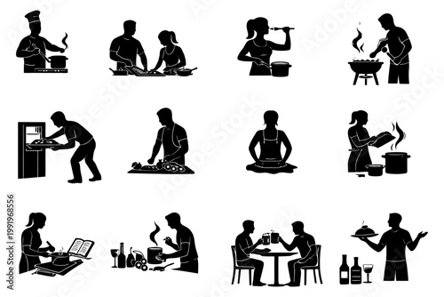 Silhouette art of diverse cooking characters in kitchen settings.