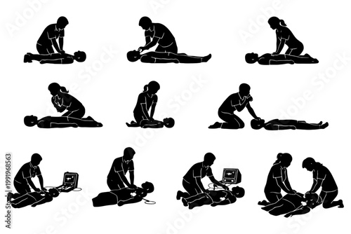 Cpr training silhouettes: emergency life support techniques demonstrated by medical professionals.