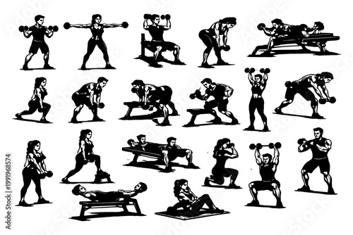 Fitness exercises collection with diverse workout poses and equipment.