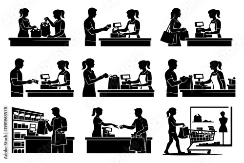 Silhouette shopping scenes with male and female cashiers and customers.