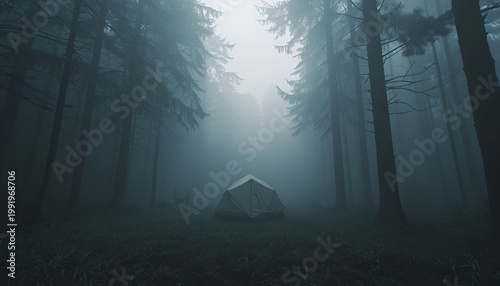 Misty Forest Camping Scene with Glowing Tent in Fog
