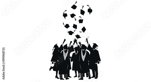 Graduation celebration, graduates throwing caps, academic achievement, black silhouette