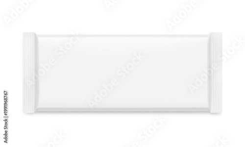 Realistic flow packaging mockup for bars, candies, waffles. Front side. Vector illustration on white background. Easy to use for presentation your product, idea, design. Scalable without lose quality.