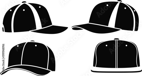 Baseball cap silhouette icons set, sports headwear mockup, front and side view hat vector illustration, casual fashion apparel, streetwear.