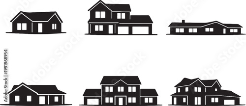 Bild auf Leinwand Suburban family house silhouette bundle, black residential home icons set, subur
