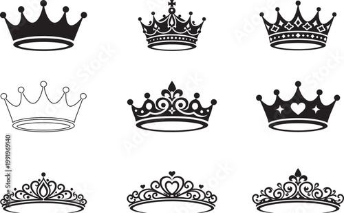 Royal crown and tiara icon collection with elegant ornamental designs in black and white