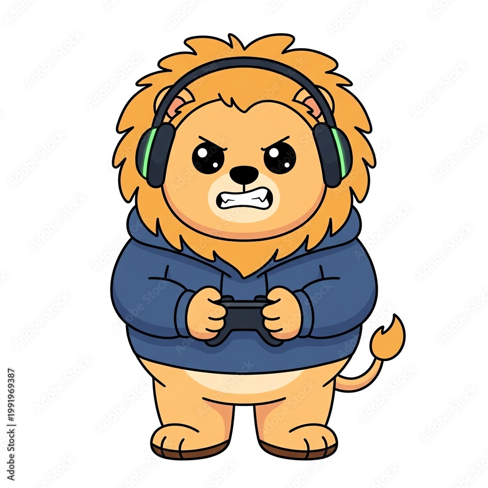 Obraz premium Cute Baby Lion Gamer wearing Pro Headset and holding Game Controller in Modern Hoodie, Flat Vector Mascot Isolated on White Background