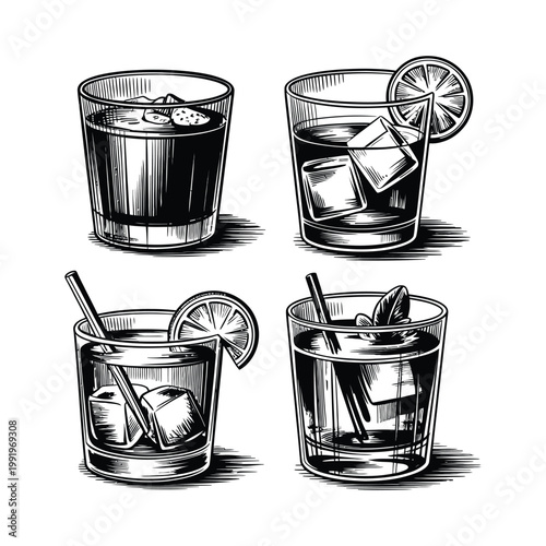 Cocktail vector illustration set with glasses and ice cubes