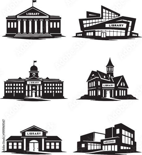 Library Buildings Silhouette Set Public City University Archive Community Library Vector Illustration