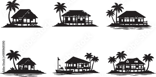 Island Houses Silhouette Set, Tropical Hut Bamboo Bungalow Fisherman Beach Vacation Architecture Icons