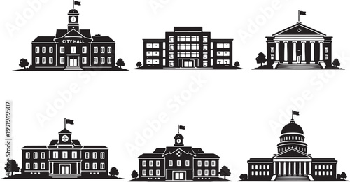Government Buildings Silhouette Set, City Hall, Courthouse, Capitol, Municipal Office Architecture Vector Collection