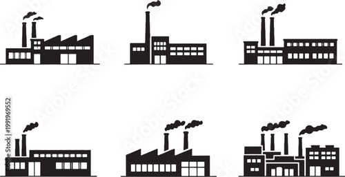 Factory building silhouettes bundle, industrial architecture icons set, manufacturing plant warehouse facilities black silhouette collection
