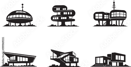 Futuristic Houses Silhouette Set, Sci Fi Dome Modular Space Age Minimal Architecture Icons