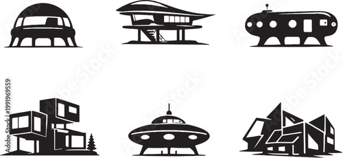 Futuristic Houses Silhouette Set Sci Fi Dome Capsule Modular Space Age Architecture Vector