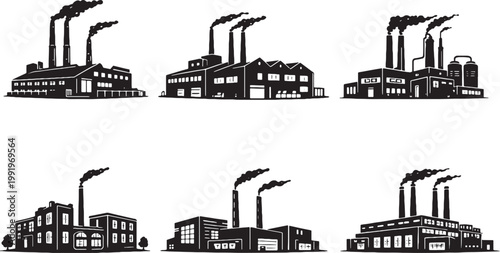 Factory Buildings Silhouette Set, Industrial Plant, Warehouse Factory, Manufacturing Facility Architecture Vector Collection