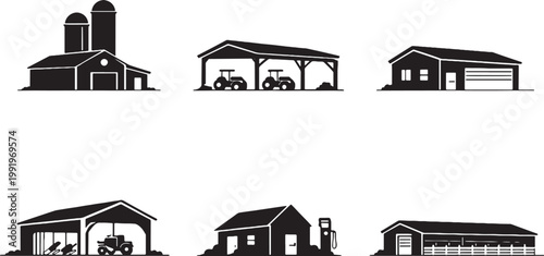 Farm building silhouettes bundle, agriculture utility architecture icons set, grain silo tractor shed farm facilities black silhouette collection