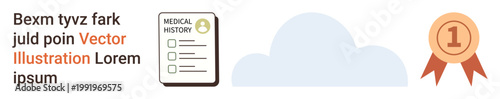 Digital storage, data management, healthcare records, awards, certification, cloud technology. Medical history document, cloud graphic award badge. Digital storage and healthcare records concept