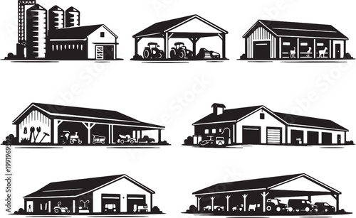Farm Buildings Silhouette Set Agricultural Storage Shed Stable Workshop Vector Collection