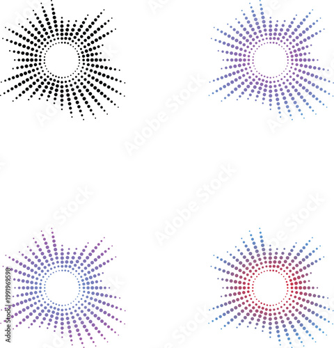 Collection of Multiple Color Variations, neon circular sound wave frames with dots, and abstract radial music icons