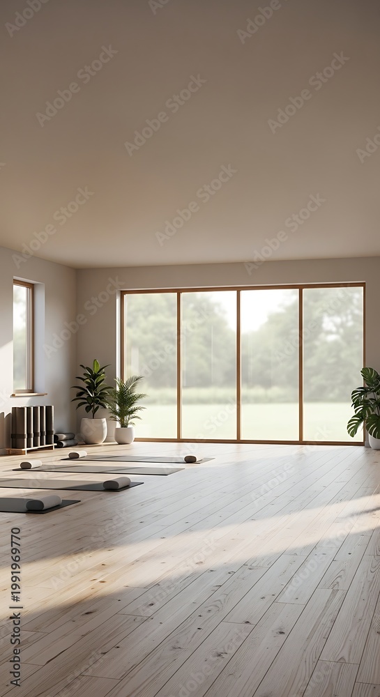 Fototapeta premium Bright yoga studio with large windows overlooking a green landscape, yoga mats laid out on a wooden floor, natural light streaming in, creating a serene and peaceful atmosphere for practice.
