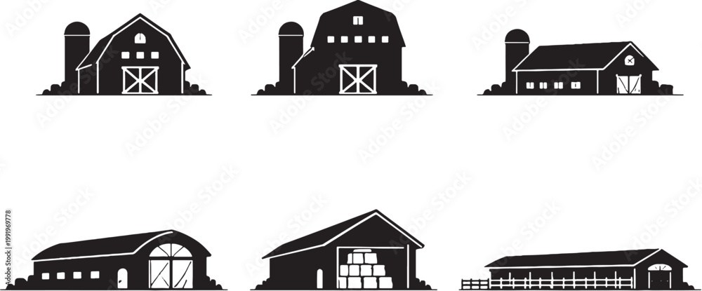 Naklejka premium Barn building silhouettes bundle, farm agriculture architecture icons set, countryside barns hay storage livestock buildings black silhouette collection