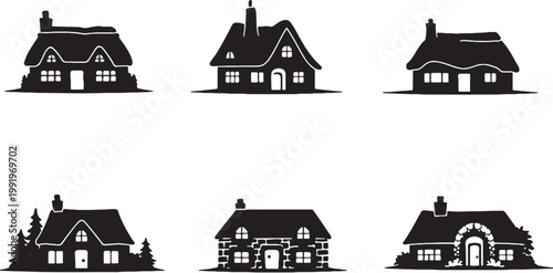 Cottage house silhouette bundle, cozy cottage silhouettes set, rural cottage home icons, English countryside fairy tale stone cottage houses isolated on white