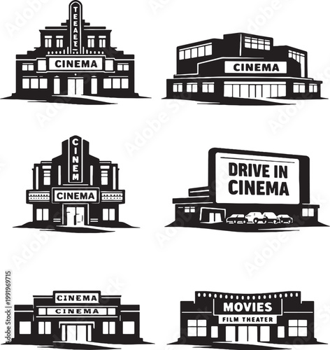 Cinema Buildings Silhouette Set Movie Theater Multiplex Drive In Film Theater Vector Illustration
