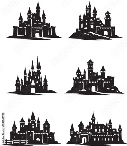 Castle Silhouette Set Medieval Fortress Fantasy Palace Hilltop Stronghold Vector Illustration