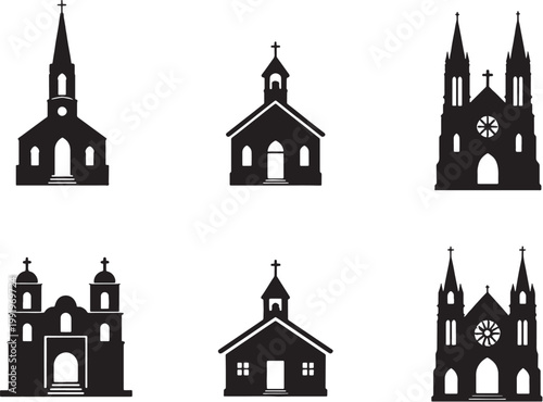 Church and chapel silhouettes set gothic cathedral rural church christian architecture black silhouette isolated on white