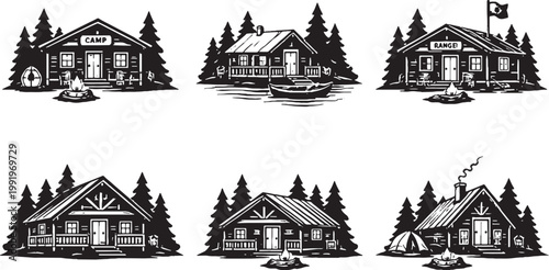 Camping Cabins Silhouette Set Forest Lake Ranger Wilderness Camp Cabin Houses Vector