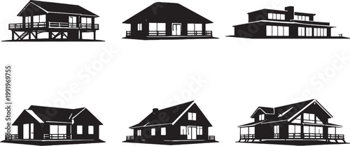 Beach Houses Silhouette Bundle Coastal Vacation Homes Set Oceanfront Villa Icons Black Isolated Vector Illustration